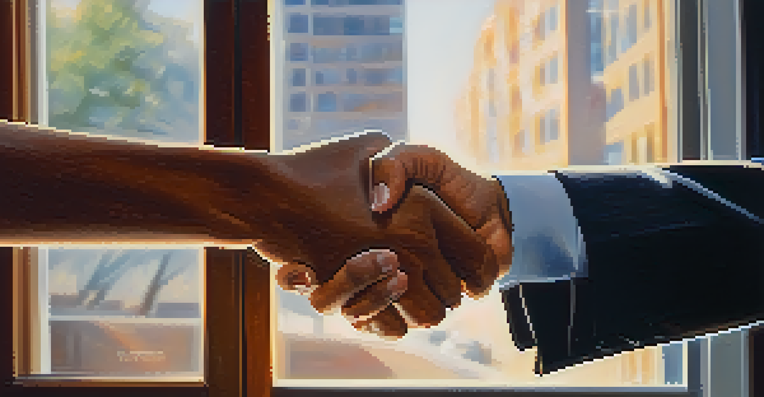 A close-up of two hands shaking in a warm office environment, symbolizing trust and strong professional relationships.