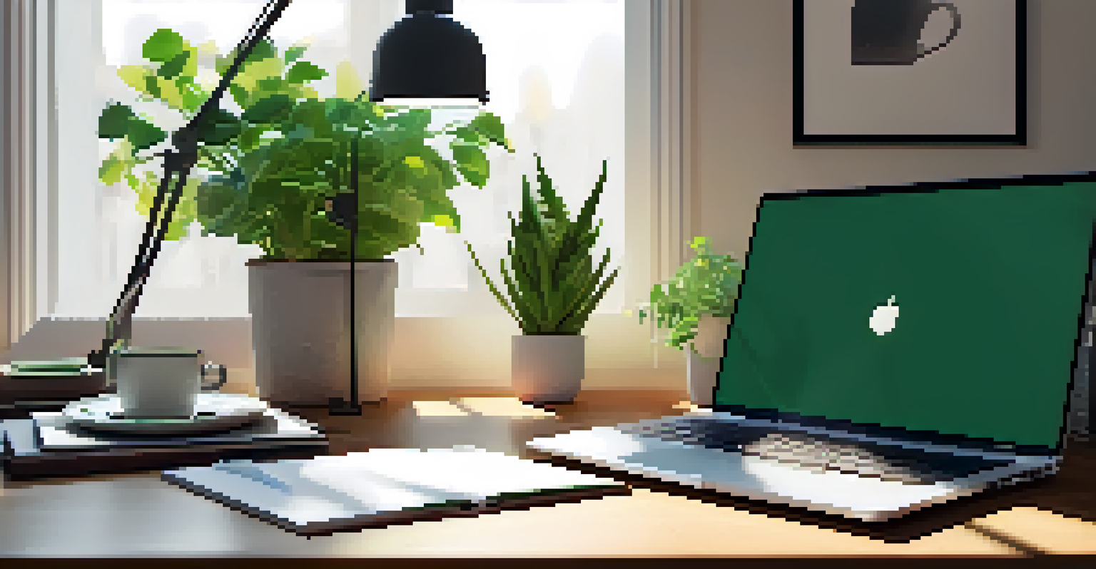 A cozy workspace featuring a laptop, notepads, and a desk lamp, with a plant and coffee mug in the background.