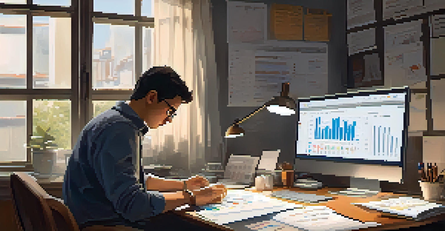 A person analyzing job market data on a laptop with charts and graphs on a cluttered desk.
