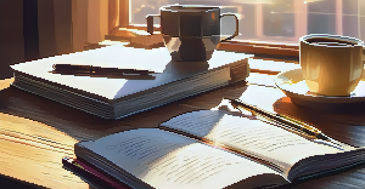 A hand writing in a journal on a wooden desk, with books and a laptop nearby, illuminated by sunlight with a cup of coffee beside it.