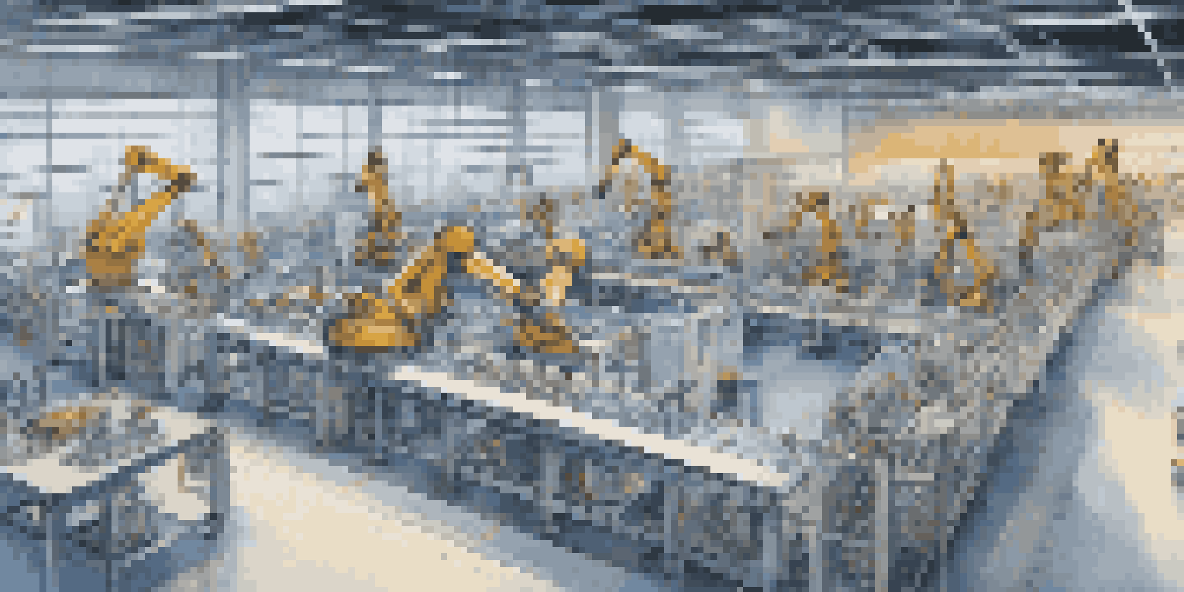 A high-tech manufacturing facility with robotic arms and data screens, illustrating advanced automation.