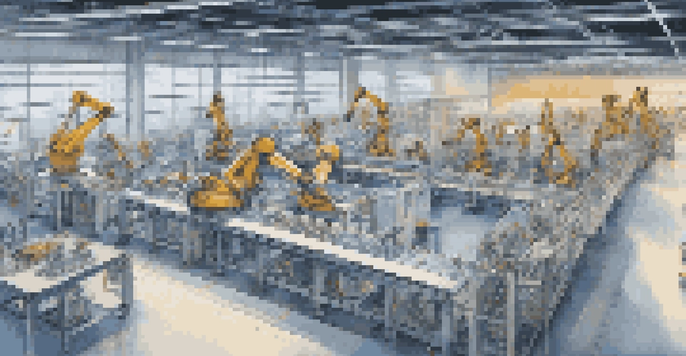 A high-tech manufacturing facility with robotic arms and data screens, illustrating advanced automation.