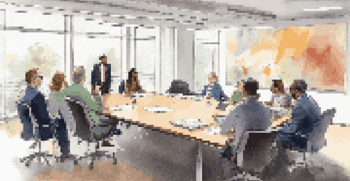 A diverse group of colleagues engaged in a lively office meeting, emphasizing active listening and collaboration.