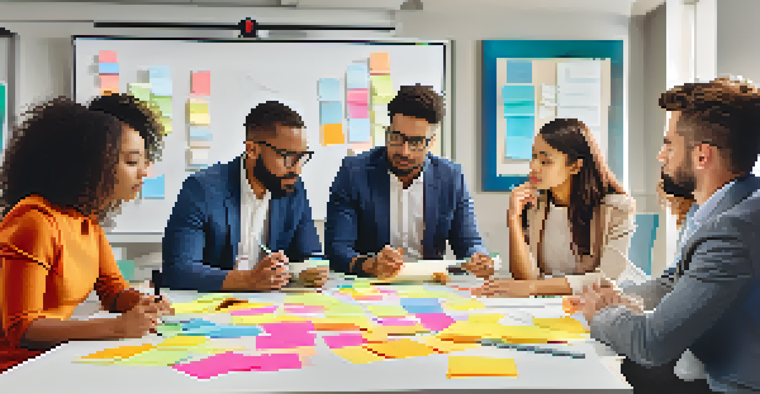 A diverse team of professionals collaborating and brainstorming around a table with sticky notes and a whiteboard.