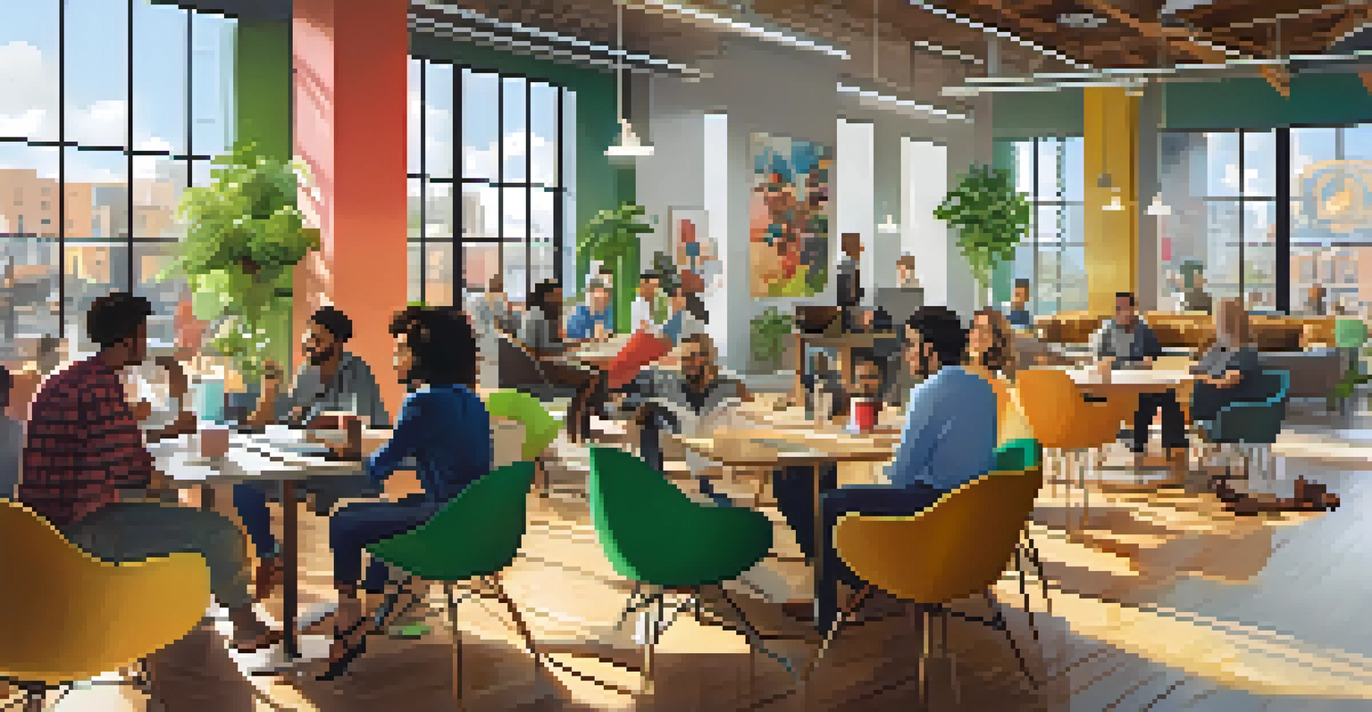 A lively co-working space with individuals collaborating at tables, bright decor, and natural sunlight.
