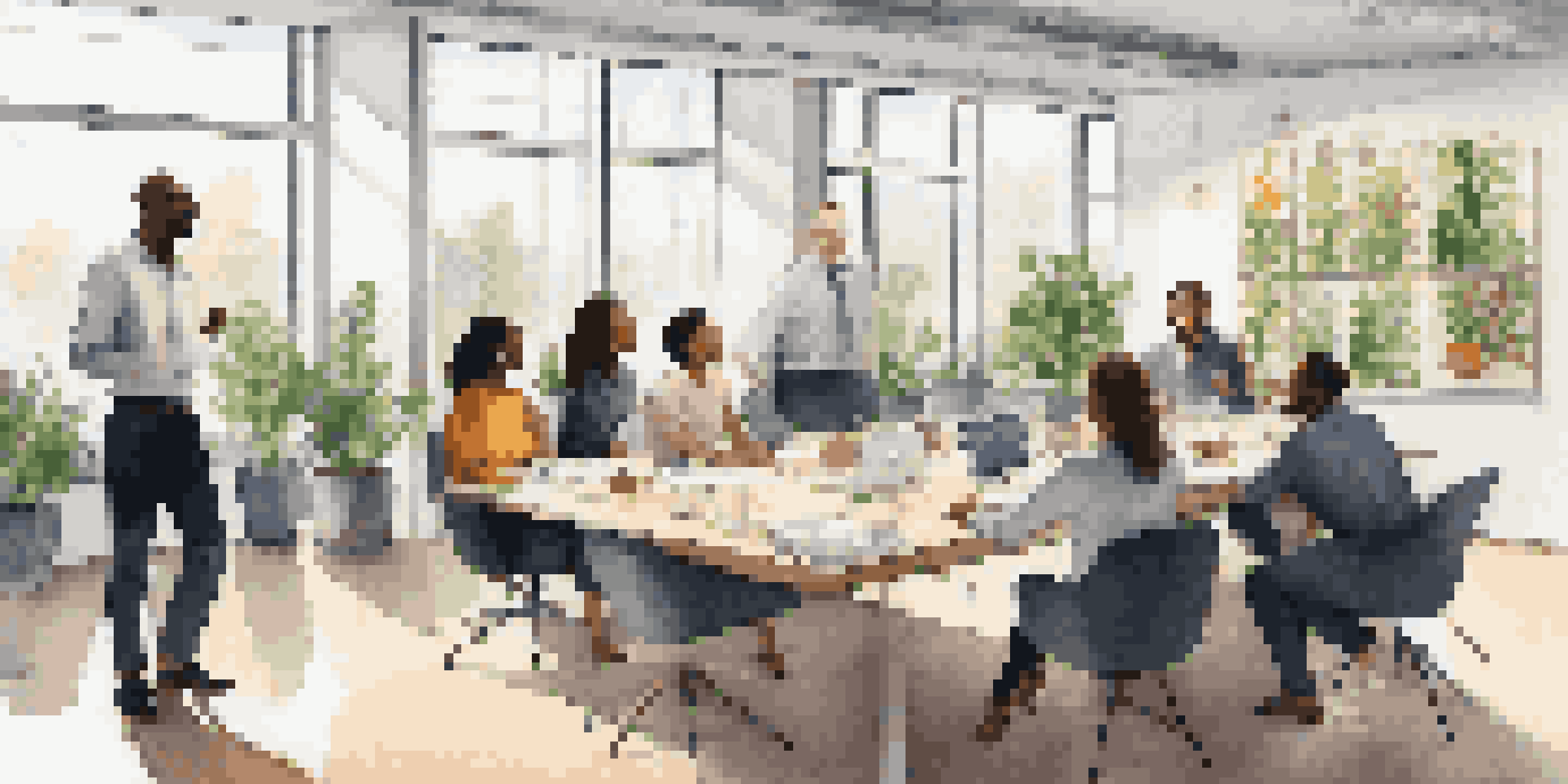 A group of diverse professionals in a bright office engaged in teamwork and discussion.