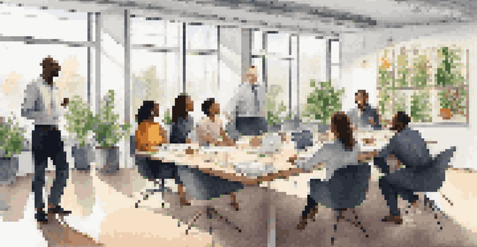 A group of diverse professionals in a bright office engaged in teamwork and discussion.