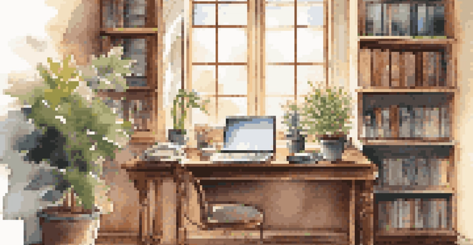 A bright and organized professional workspace with a desk, computer, notepad, cup of coffee, bookshelf, and a potted plant.