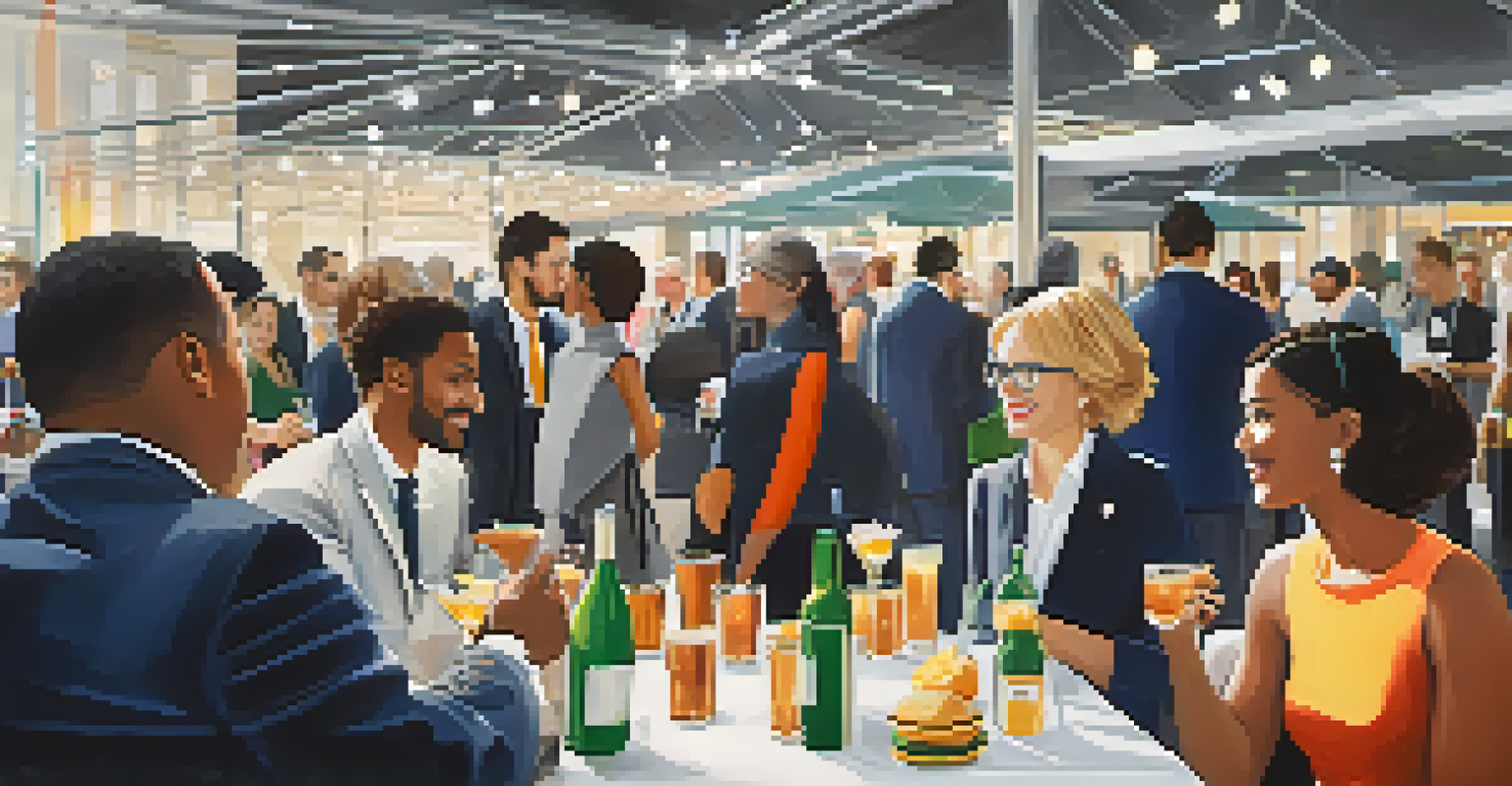 Diverse professionals networking at an event, engaging in conversations and exchanging business cards.