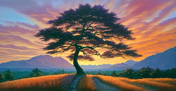 A tall tree bending in the wind at sunset, symbolizing resilience with vibrant colors in the sky.