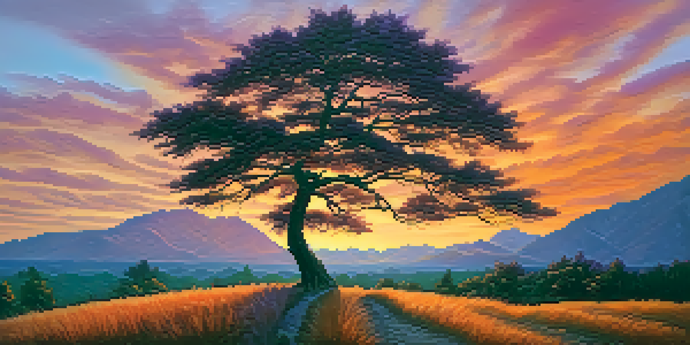 A tall tree bending in the wind at sunset, symbolizing resilience with vibrant colors in the sky.