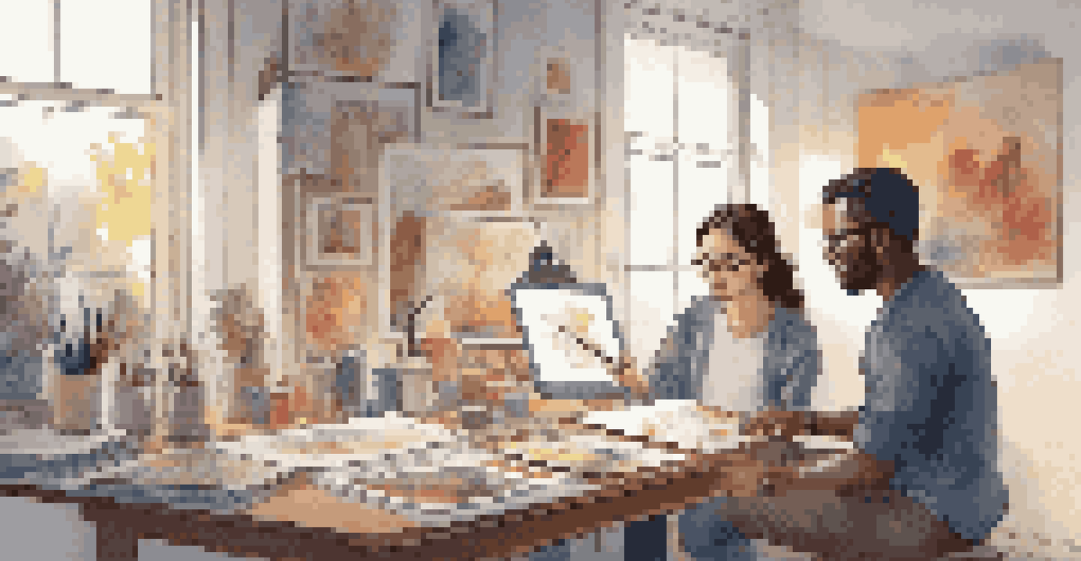 An aspiring artist watches a professional illustrator in a cozy studio filled with art supplies and vibrant artworks.