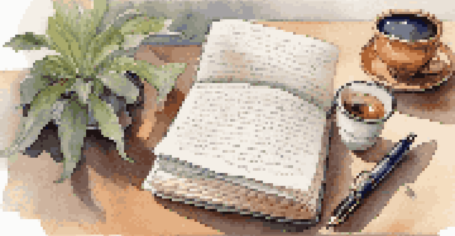 An open journal with reflective notes on a desk, accompanied by a pen, a plant, and a cup of tea in a warm atmosphere.
