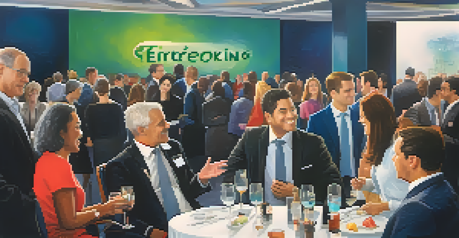 A lively networking event with professionals engaging in conversation under a banner that reads 'Career Networking'.