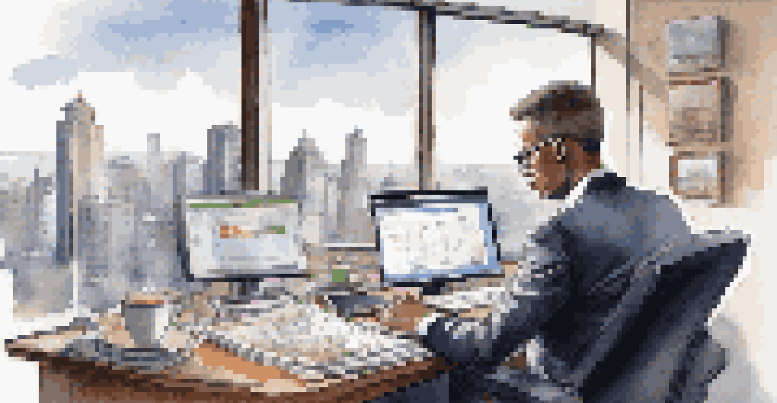 An entrepreneur analyzing financial reports on a computer screen at a sleek desk, with a cityscape view in the background.