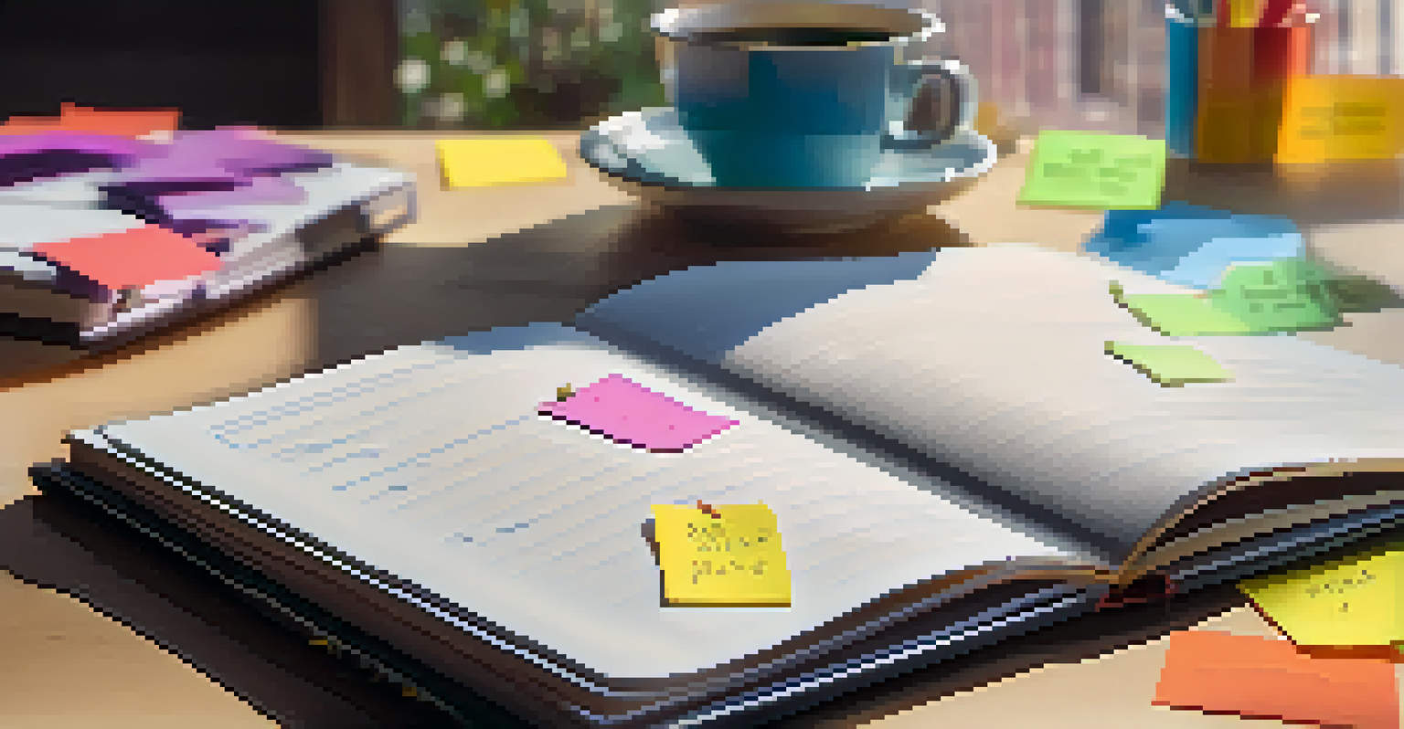 A close-up of a notebook with notes on empathy and active listening, surrounded by sticky notes and a cup of coffee.