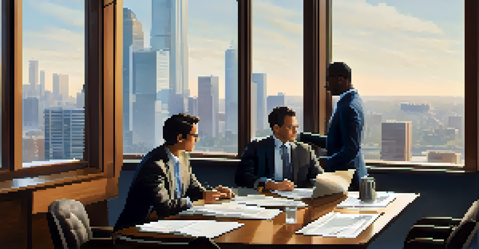 Two professionals negotiating at a conference table with documents and a laptop, set against a city skyline.