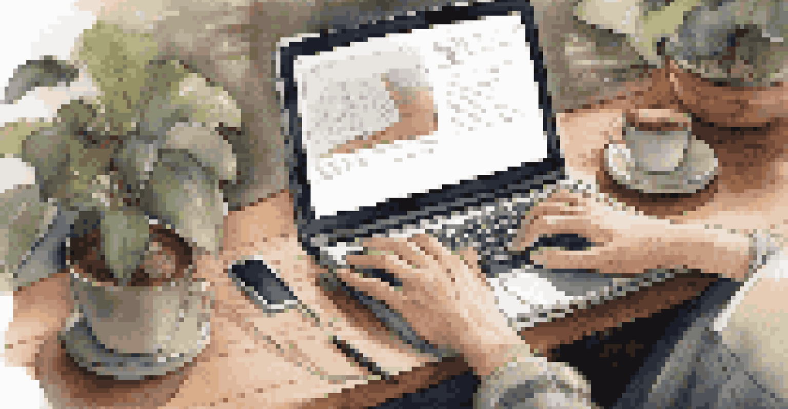A person's hands on a laptop in a cozy café setting with a notepad and coffee cup, creating a warm atmosphere for remote work.