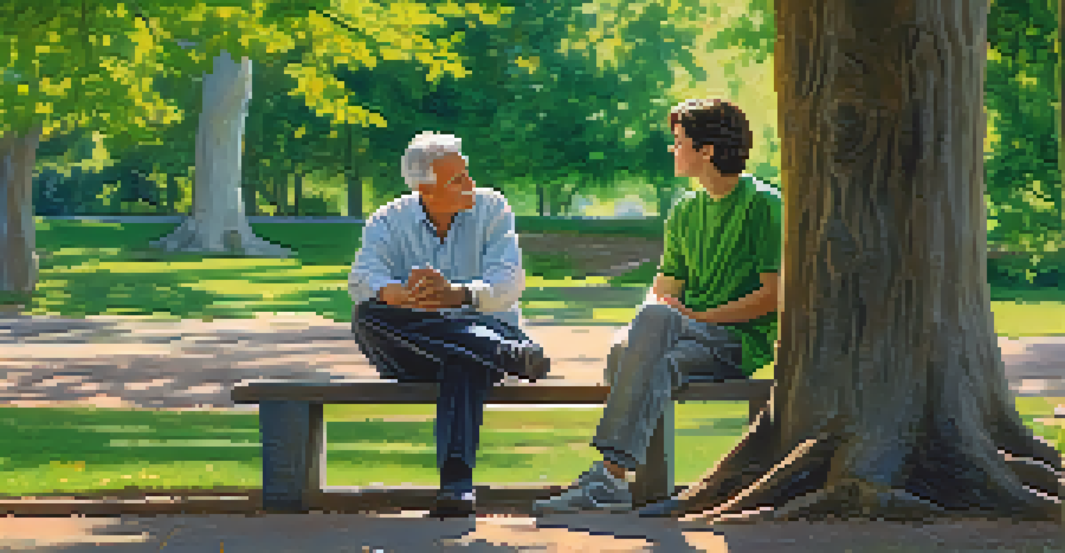 A mentor and mentee discussing career goals in a peaceful park setting.