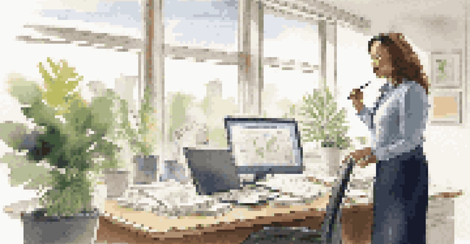 A professional woman confidently presenting her achievements in a bright office during a performance review, with a laptop and plants in the background.