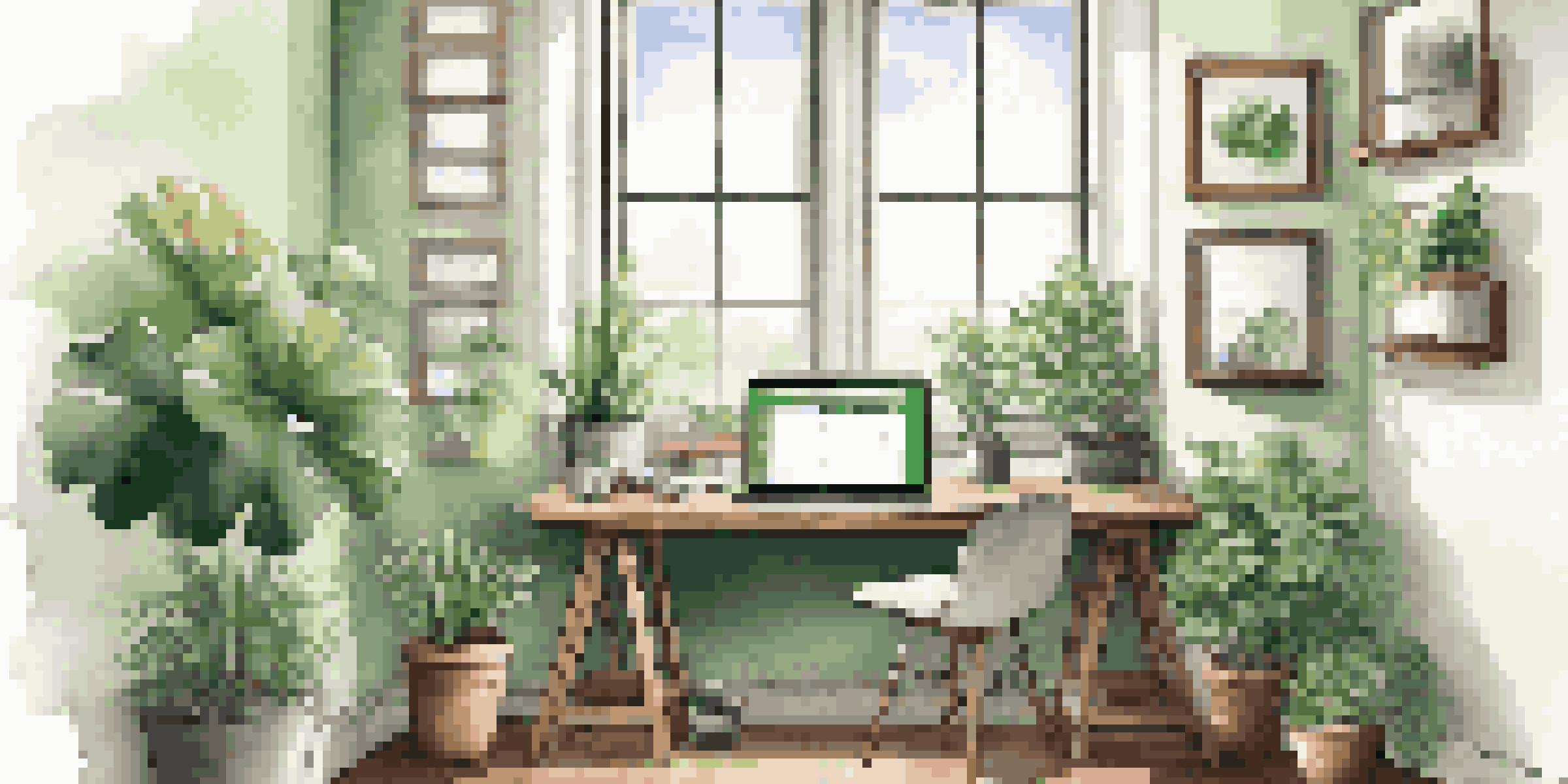 A modern workspace with a laptop displaying resume editing software, plants, and a cup of coffee, illuminated by natural light.