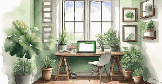 A modern workspace with a laptop displaying resume editing software, plants, and a cup of coffee, illuminated by natural light.