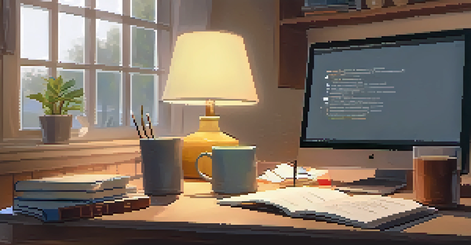 A person studying online at home using a laptop, with notes and books around, in a cozy, well-lit environment.