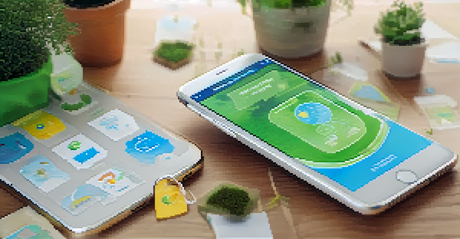 Close-up of a smartphone app for tracking carbon footprints, surrounded by eco-friendly items.