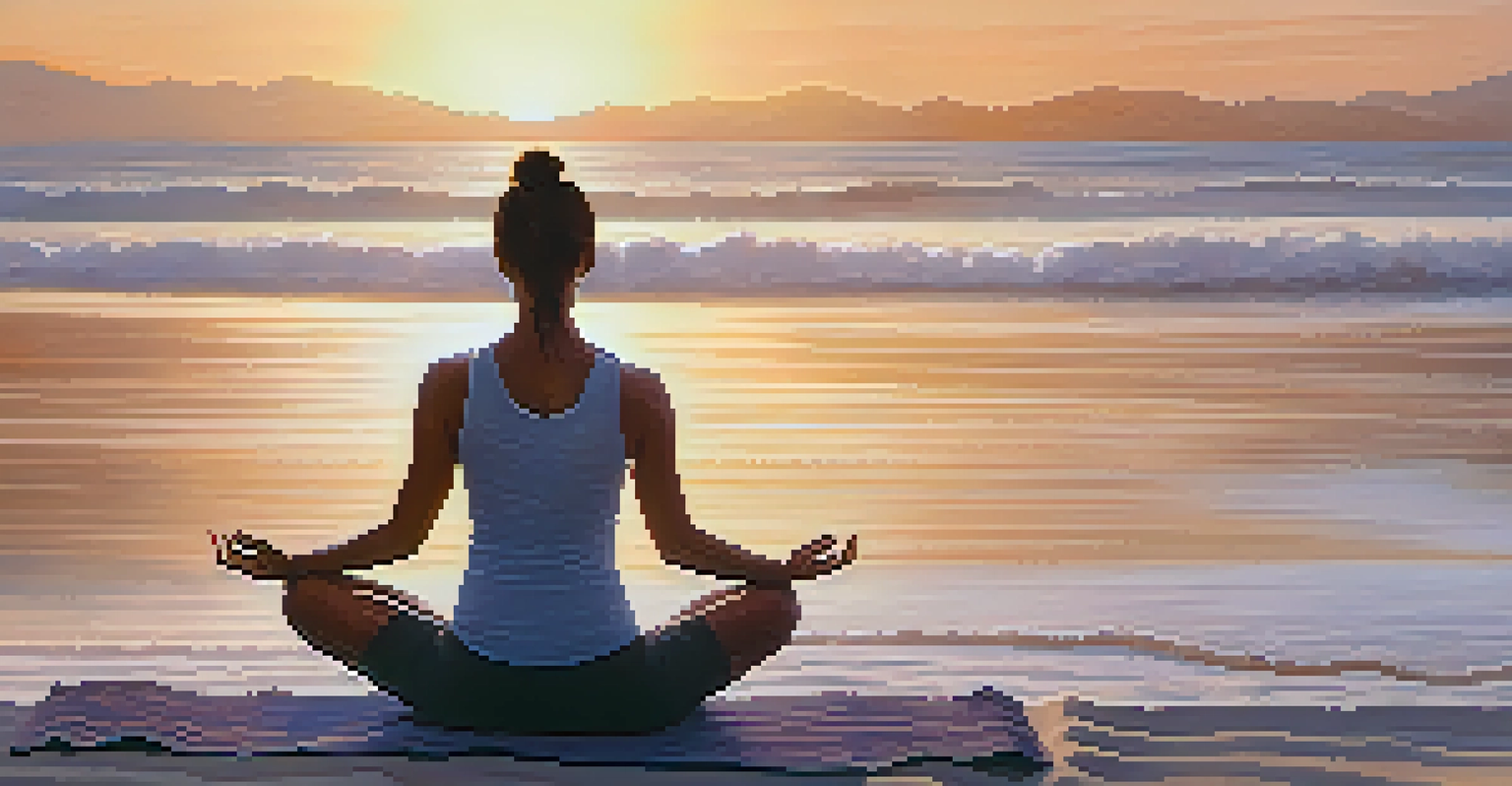 A person meditating on a beach at sunrise, surrounded by waves and soft sand, evoking calmness and peace.