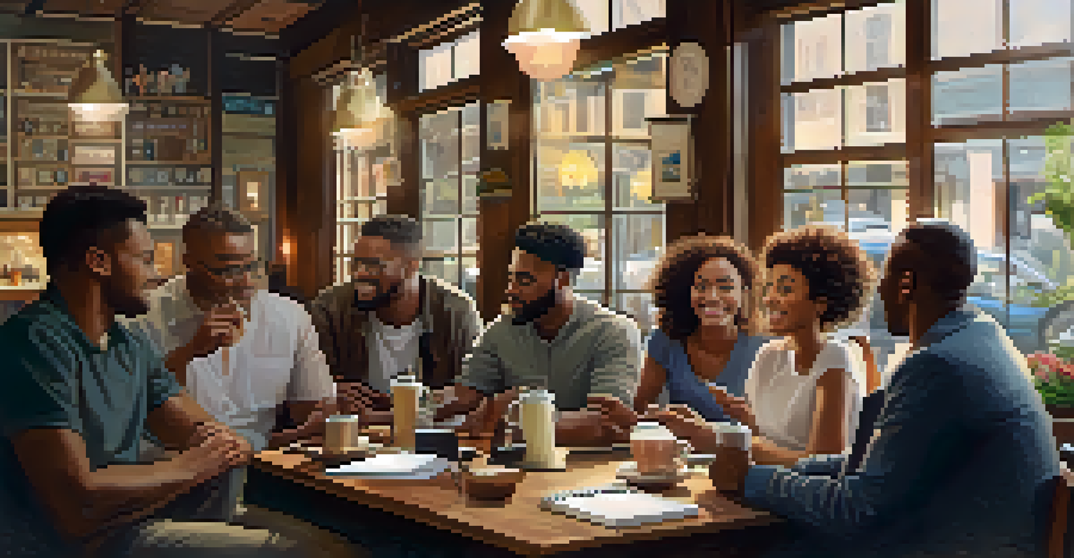 A diverse group of people in a cafe sharing ideas and discussing career transitions, surrounded by a warm and inviting atmosphere.
