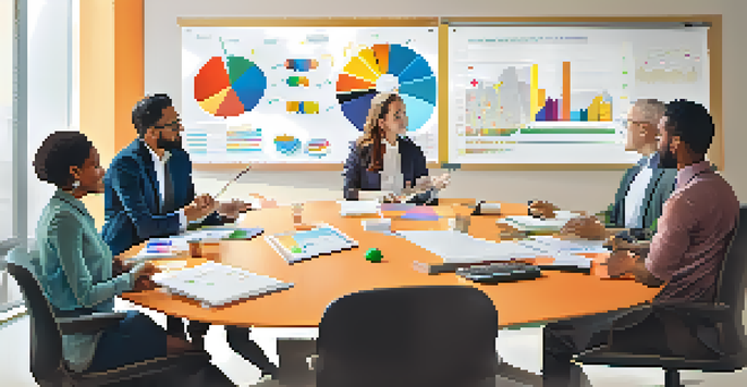 A diverse group of professionals collaborating in a meeting room with a whiteboard filled with charts and diagrams.