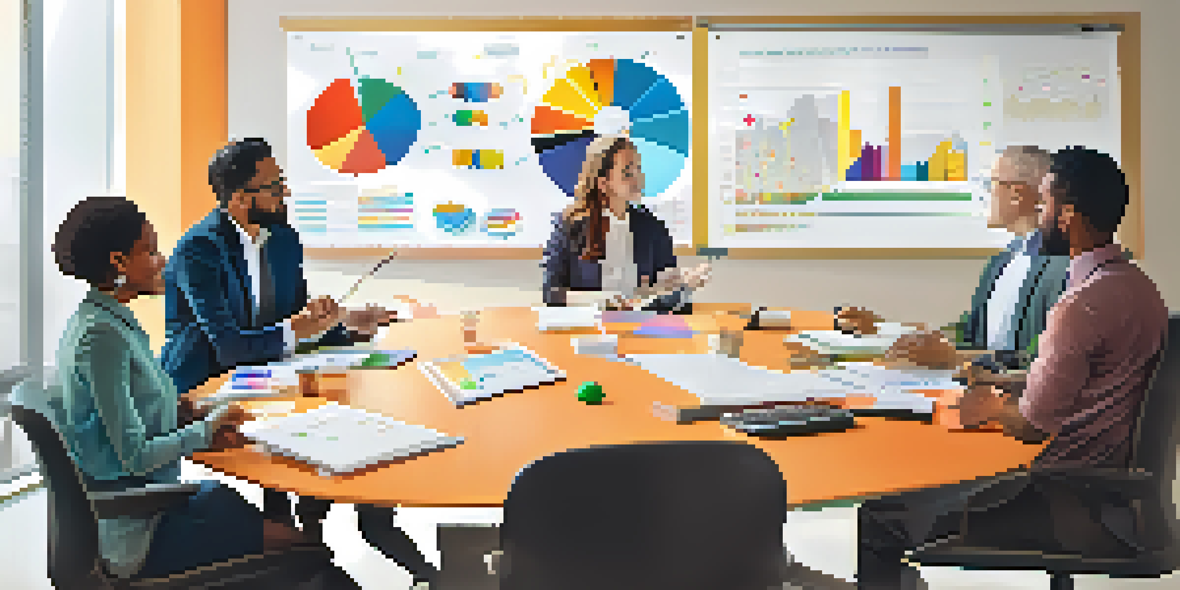 A diverse group of professionals collaborating in a meeting room with a whiteboard filled with charts and diagrams.