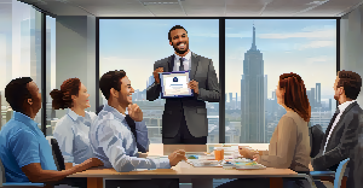 An employee receiving an award in a cheerful office with colleagues celebrating.