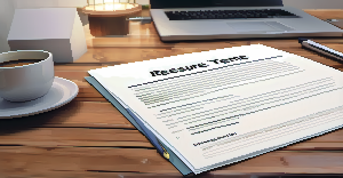 A detailed view of a professional resume on a desk, with a laptop and coffee cup nearby, showcasing a warm and inviting workspace.