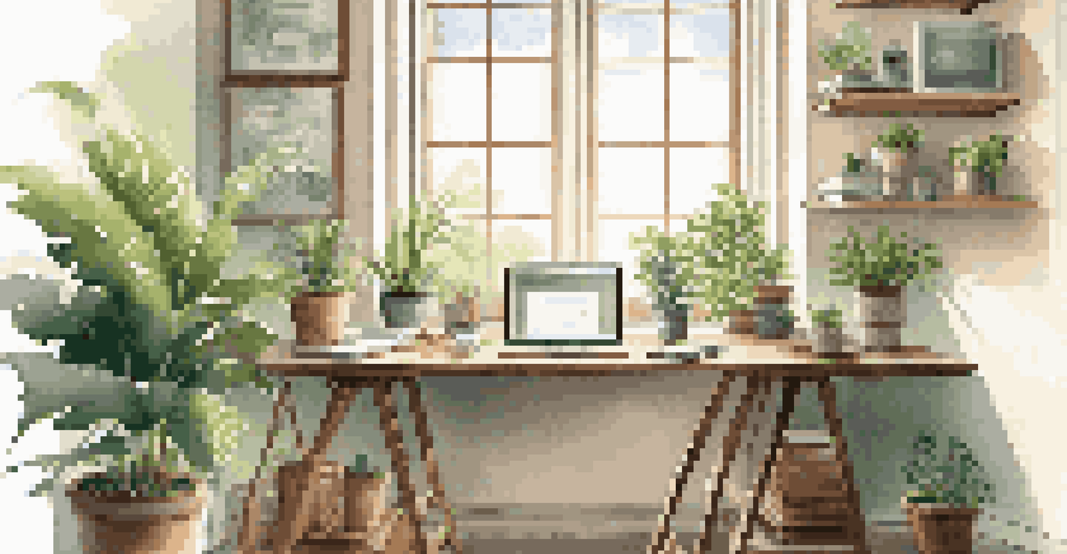 A bright and organized workspace with a laptop, notebooks, coffee, and plants, illuminated by sunlight.
