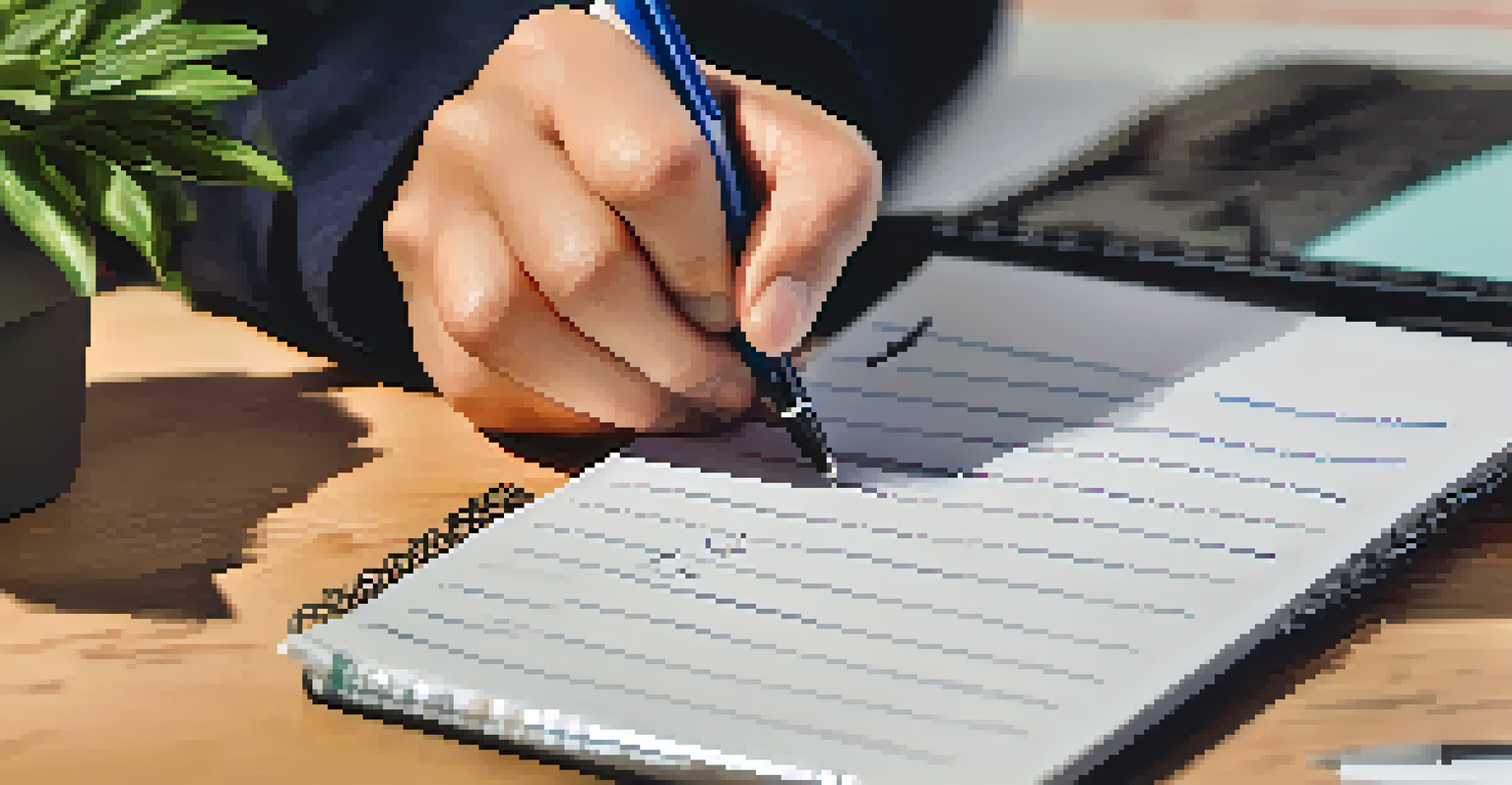 A close-up of a hand writing on a notepad, detailing SMART goals, with a blurred desk and laptop in the background.