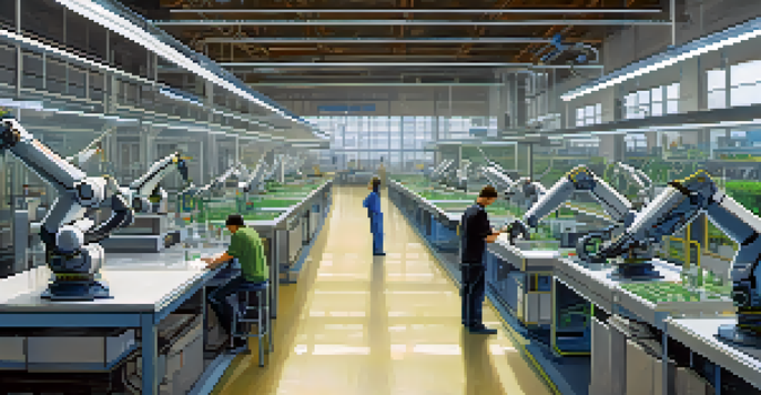 A modern manufacturing floor with robotic arms and human workers using tablets, illuminated by natural light.