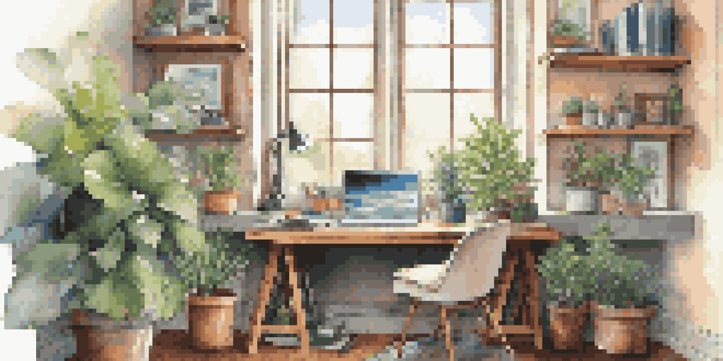 A bright and organized workspace with a desk, laptop, and colorful artwork on the walls.