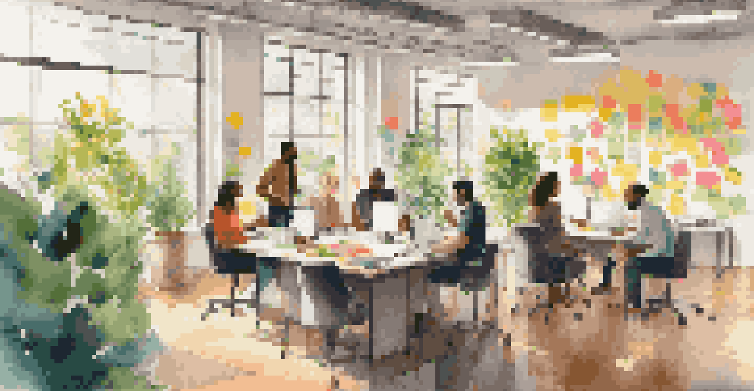 A diverse group of employees collaborating in a bright office with sunlight and plants.