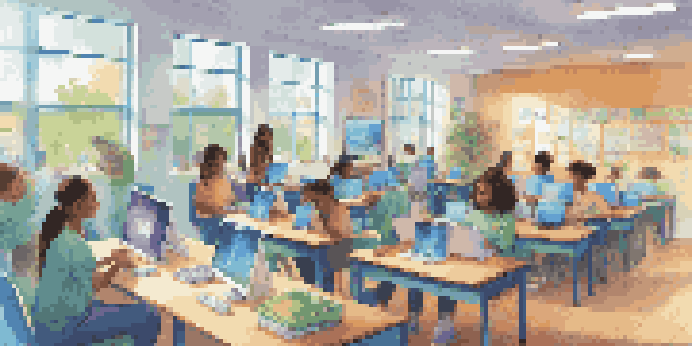 A digital classroom with diverse students using laptops and tablets, showcasing online learning platforms.