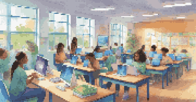 A digital classroom with diverse students using laptops and tablets, showcasing online learning platforms.