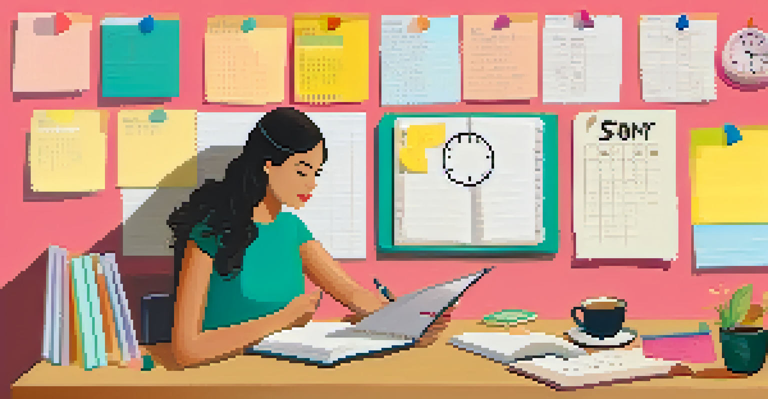 A person at a desk using a planner with colorful sticky notes and a clock, highlighting time blocking.
