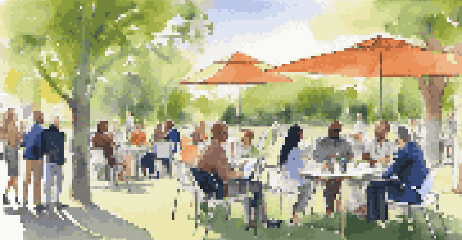 Professionals networking in a sunny park, engaging in conversations and sharing ideas.