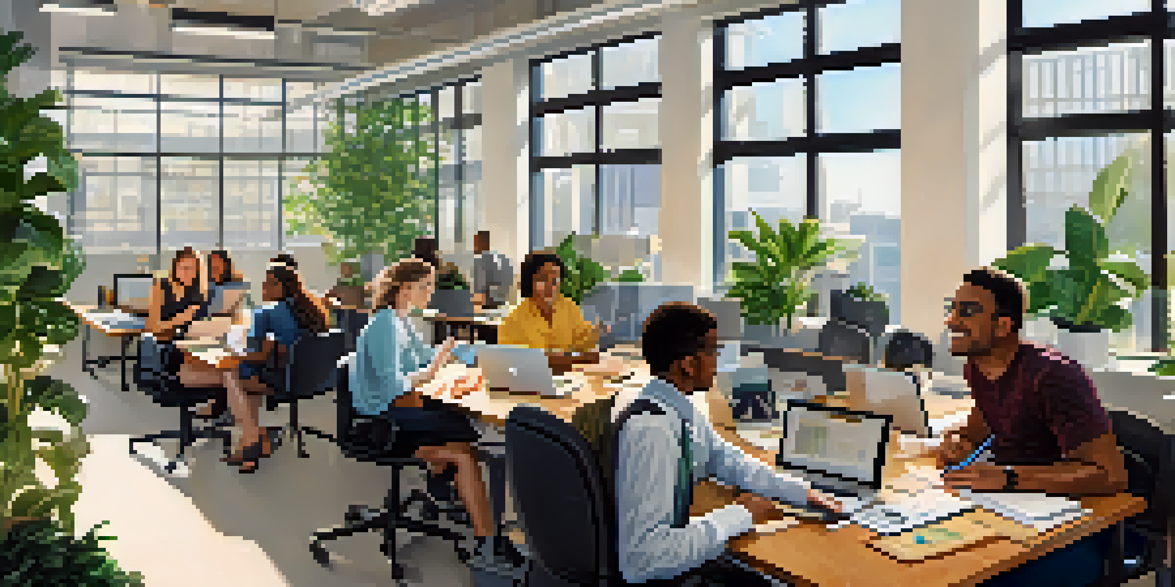 A group of diverse interns collaborating in a bright, modern office space, surrounded by laptops and notepads.