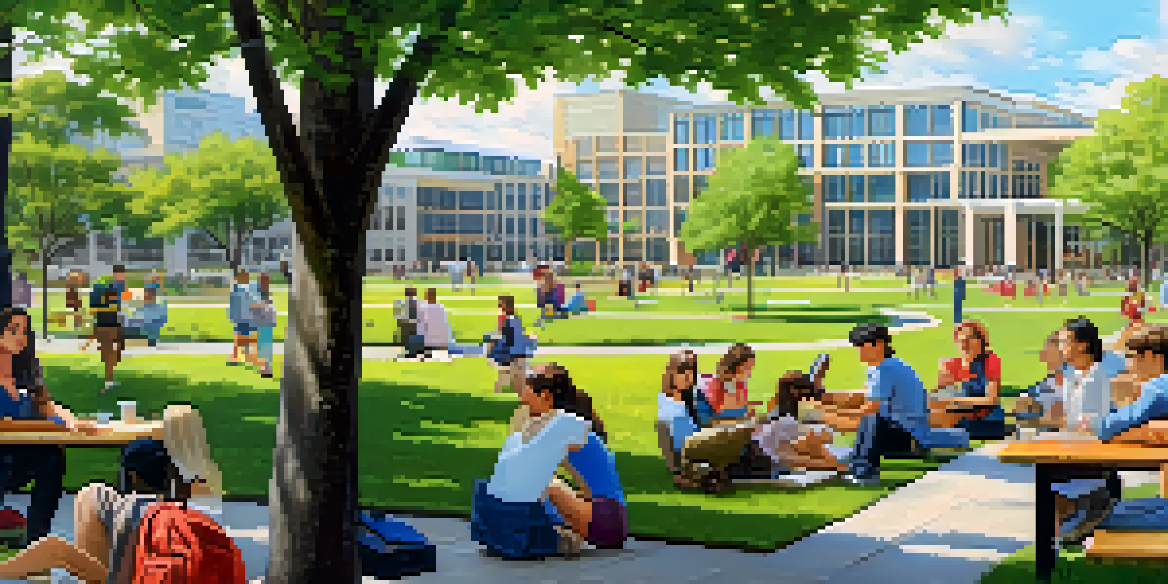 A lively college campus with students studying and networking, surrounded by modern buildings and blooming flowers under bright sunlight.
