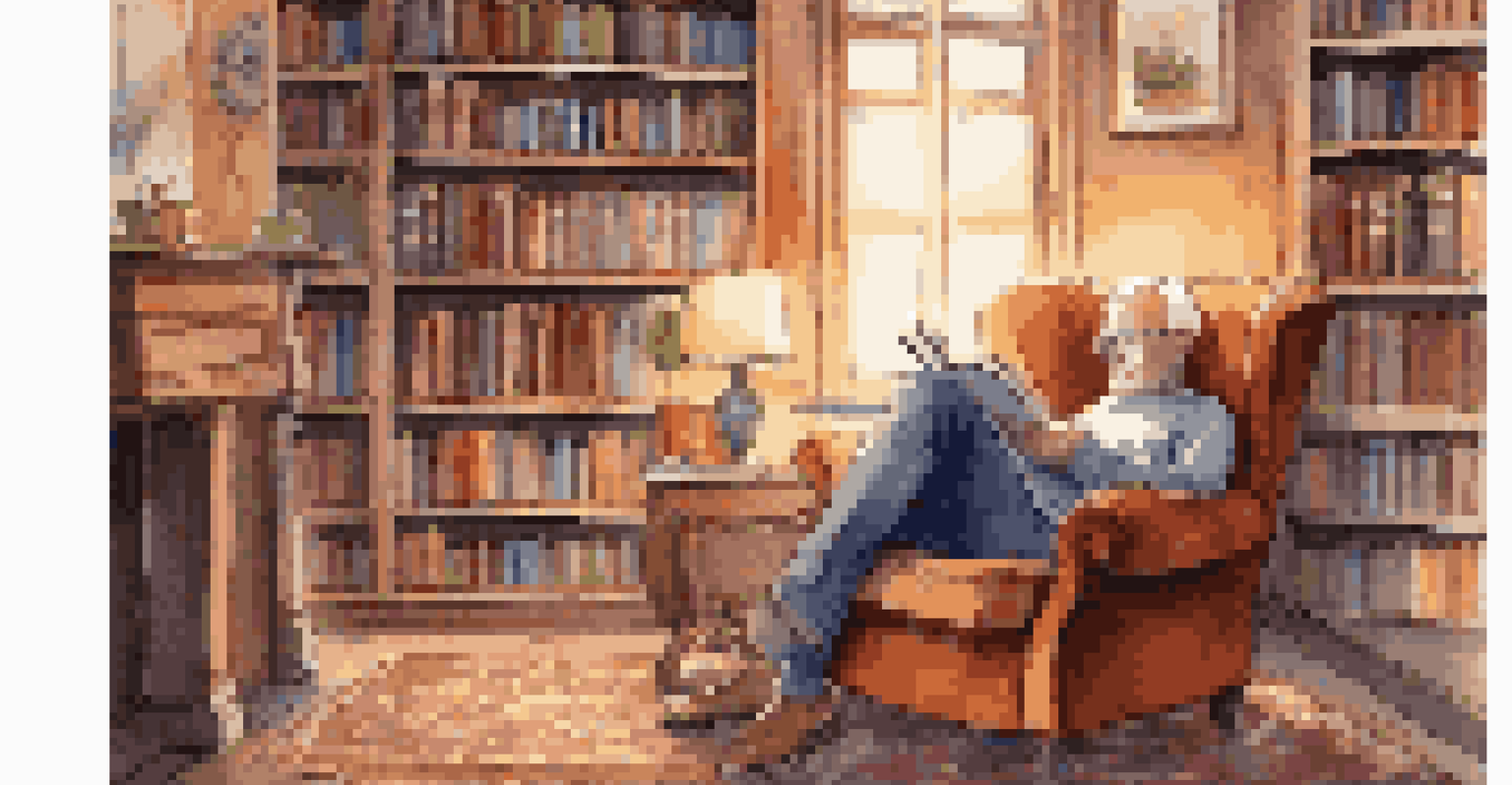 A person reading a personal development book in a cozy armchair surrounded by bookshelves and warm lighting.