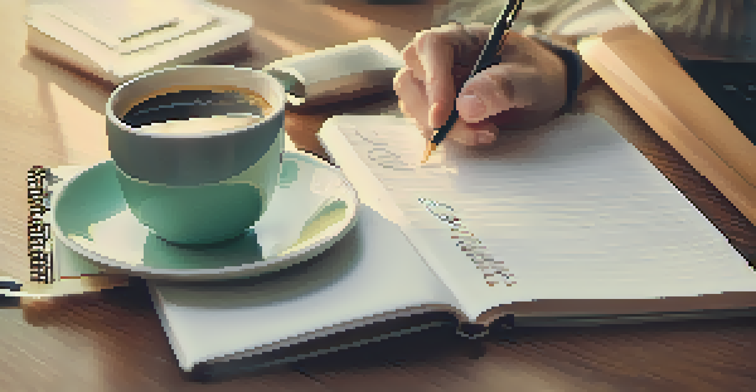 Close-up of hands writing feedback on a notepad with a coffee cup and laptop in a cozy workspace.