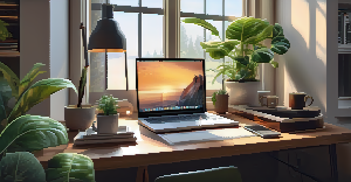 A warm and inviting home office with a laptop, coffee cup, and houseplants by a sunny window.