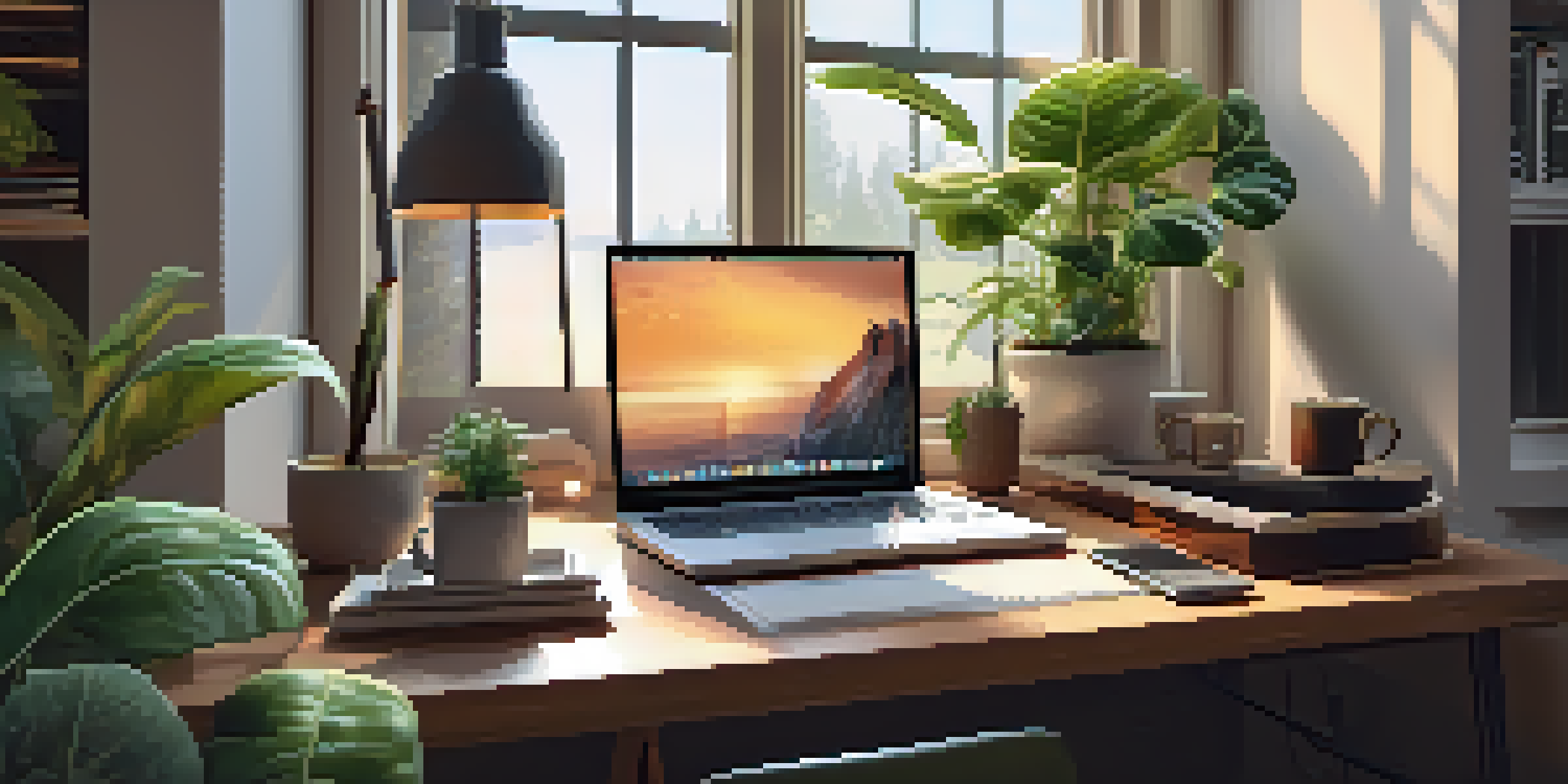 A warm and inviting home office with a laptop, coffee cup, and houseplants by a sunny window.