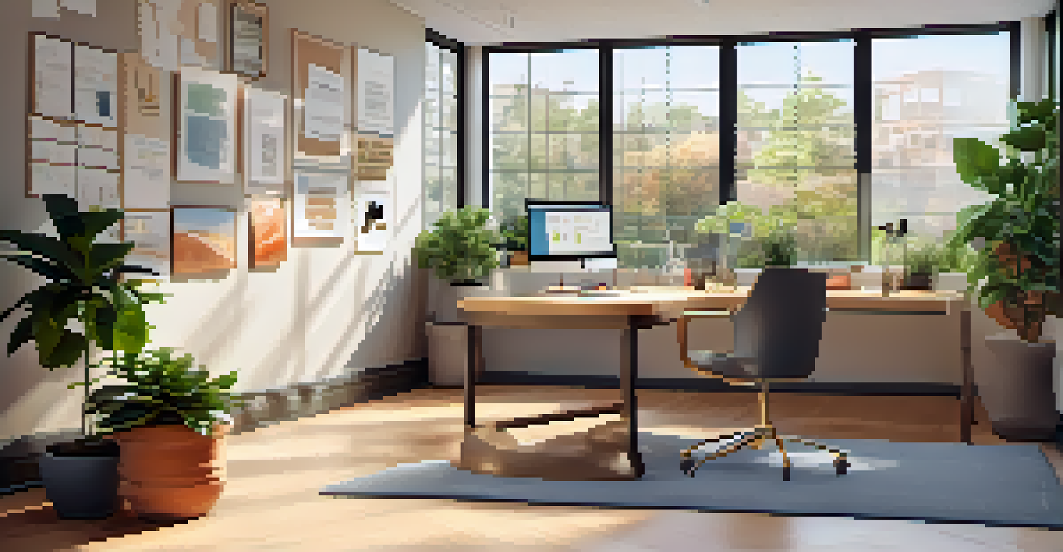 A bright and inviting office space with a modern desk, laptop, and plants, illuminated by natural light.